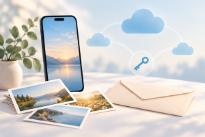 Phone beside family photos and an envelope, with a cloud and key symbol for digital legacy planning.