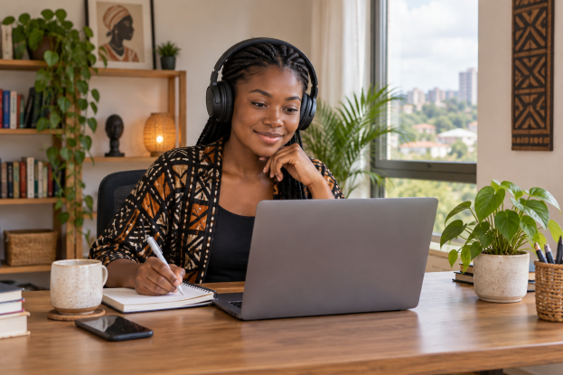 Remote professional wearing a headset and working on a laptop at a home desk