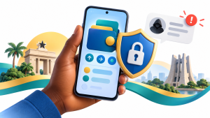 Phone with a digital wallet protected by a shield and padlock, with a suspicious message alert.