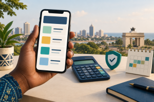 Hand holding a phone beside a calculator, shield and calendar, illustrating mobile loan costs and repayment.