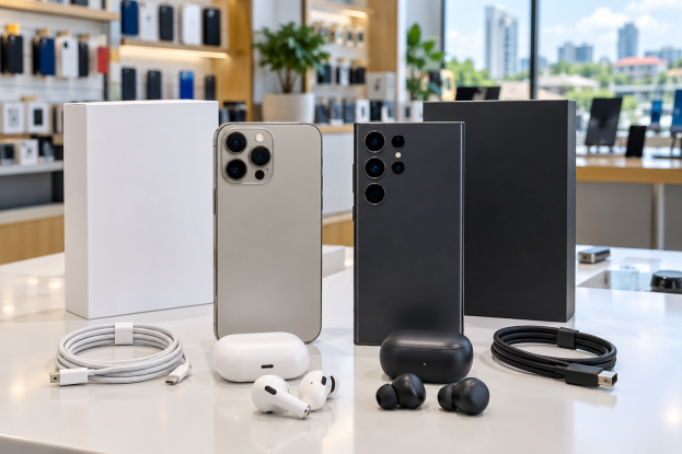 Illustration of two premium smartphones with boxes, earbuds and charging cables on a shop counter.