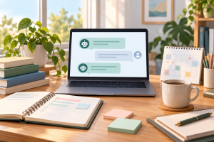 Illustration of a laptop with chat bubbles beside study notes and a calendar.