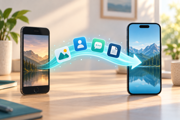 Illustration of photos, contacts and messages moving between two smartphones