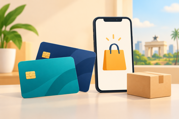 Illustration of payment cards, a smartphone and a shopping parcel
