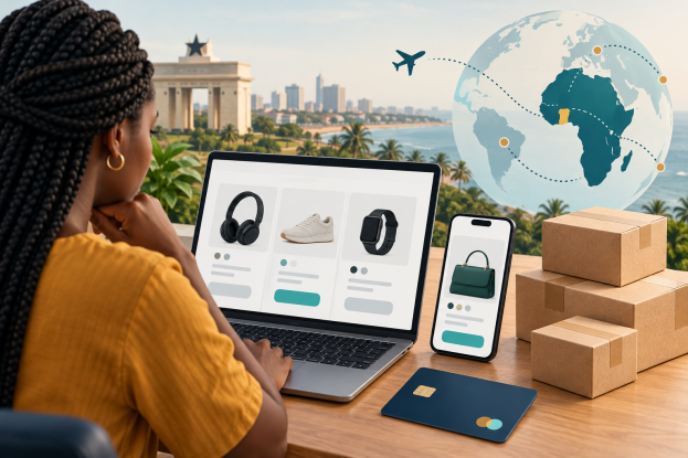 Illustration of a shopper using a laptop beside delivery parcels and a payment card