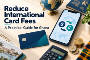 Illustration of a payment card, currency conversion and a calculator for comparing international card fees