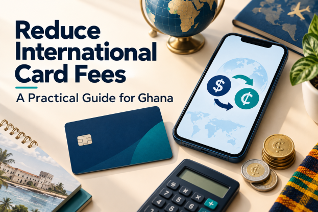 Illustration of a payment card, currency conversion and a calculator for comparing international card fees