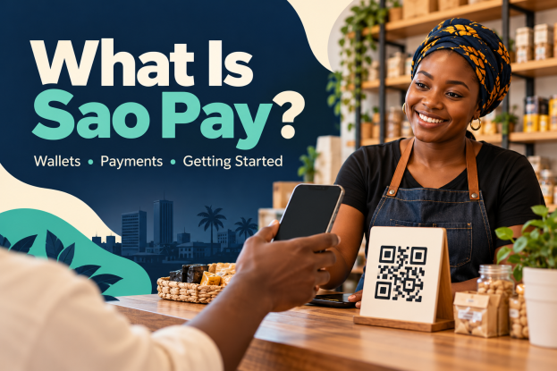 Illustration of a smartphone and shop payment counter for the Sao Pay guide